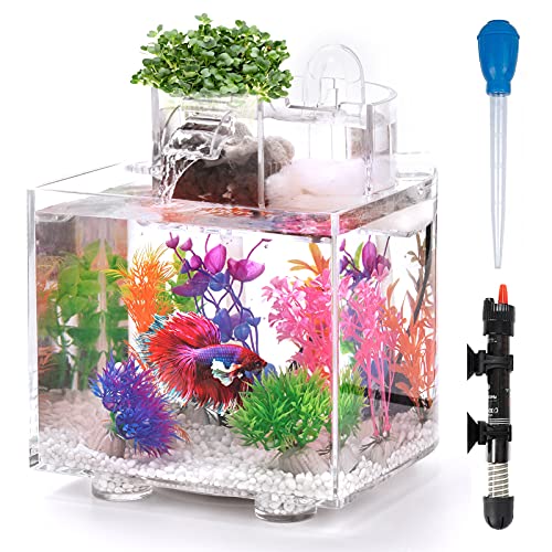 Betta Fish Tank Self Cleaning Glass 2 Gallon Small Nano Aquarium Starter Kits Desktop Room Decor w/LED Light Decorations & Whisper Filters Water