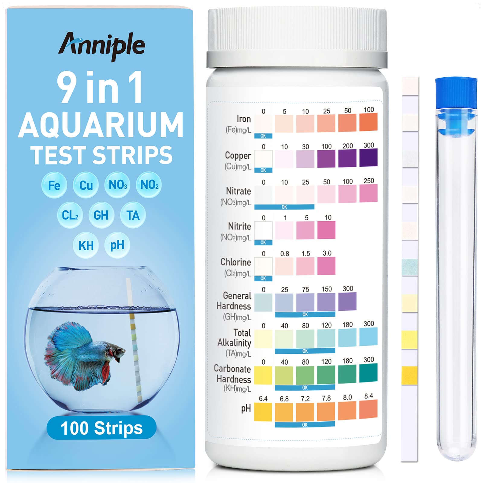 9 in 1 Aquarium Test Strips, 100 Strips Aquarium Test Kits for Freshwater  Saltwater, Aquarium Water Test Kit, Pond Fish Tank Test Strips Testing  Iron