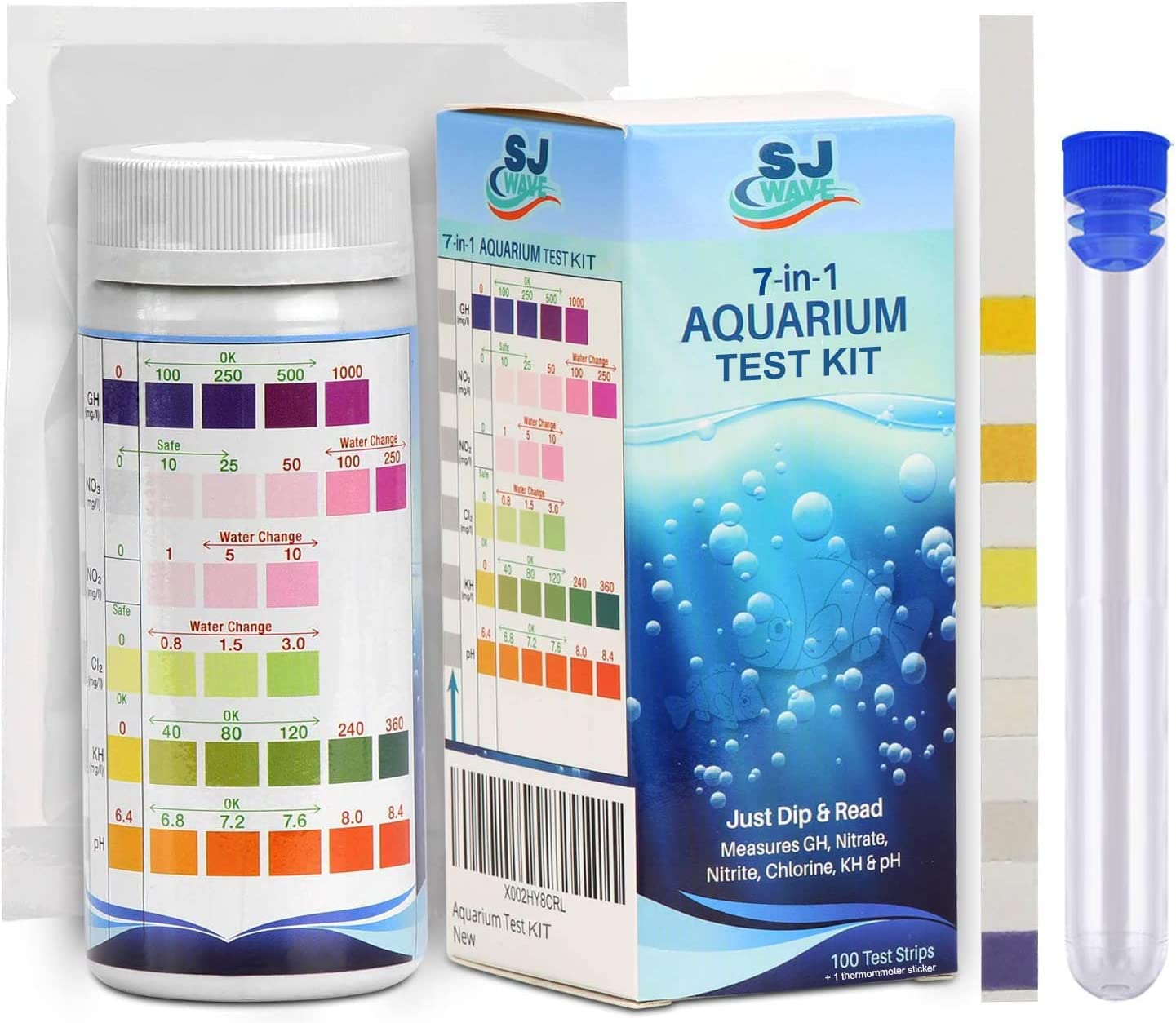 SJ WAVE 7 in 1 Aquarium Test Kit for Freshwater Aquarium Fast Accurate Water Quality Testing Strips for Aquariums Ponds Monitors pH Hardness